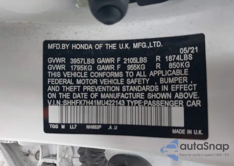 2021 Honda Civic Sport from USA, damaged, VIN SHHFK7H41MU422143